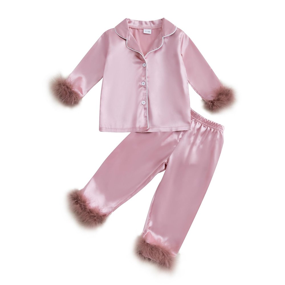 Nokpsedcb Toddler Girl Satin Pajama Set Feather Trim Long Sleeve Button Down Shirt Top Long Pants Sleepwear Loungewear (Pink, 3-4 Years)