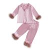 Nokpsedcb Toddler Girl Satin Pajama Set Feather Trim Long Sleeve Button Down Shirt Top Long Pants Sleepwear Loungewear (Pink, 3-4 Years) view 1