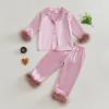 Nokpsedcb Toddler Girl Satin Pajama Set Feather Trim Long Sleeve Button Down Shirt Top Long Pants Sleepwear Loungewear (Pink, 3-4 Years) view 2