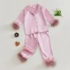 Nokpsedcb Toddler Girl Satin Pajama Set Feather Trim Long Sleeve Button Down Shirt Top Long Pants Sleepwear Loungewear (Pink, 3-4 Years) view 3