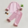 Nokpsedcb Toddler Girl Satin Pajama Set Feather Trim Long Sleeve Button Down Shirt Top Long Pants Sleepwear Loungewear (Pink, 3-4 Years) view 4