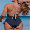 Aleumdr Women's Sexy One Piece Swimsuit Slimming Tummy Control Bathing Suits Cross Wrap Swimwear Side Tie Monokini Color Block Blue 2X-Large view 3