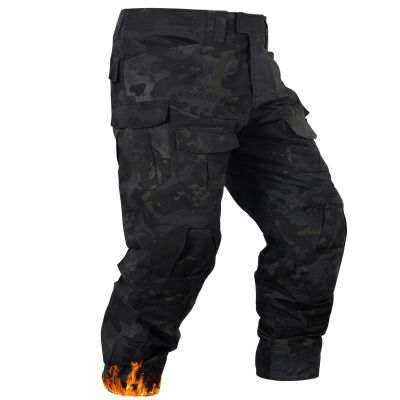 OCANXUE Men's Fleece Lined Tactical Pants Waterproof Hiking Pants Casual Thermal Cargo Pants Winter Insulated Work Pants Black Camo 36