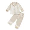 Nokpsedcb Toddler Girl Satin Pajama Set Feather Trim Long Sleeve Button Down Shirt Top Long Pants Sleepwear Loungewear (Apricot, 3-4 Years) view 1