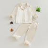 Nokpsedcb Toddler Girl Satin Pajama Set Feather Trim Long Sleeve Button Down Shirt Top Long Pants Sleepwear Loungewear (Apricot, 3-4 Years) view 2