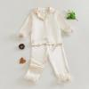 Nokpsedcb Toddler Girl Satin Pajama Set Feather Trim Long Sleeve Button Down Shirt Top Long Pants Sleepwear Loungewear (Apricot, 3-4 Years) view 3
