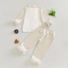 Nokpsedcb Toddler Girl Satin Pajama Set Feather Trim Long Sleeve Button Down Shirt Top Long Pants Sleepwear Loungewear (Apricot, 3-4 Years) view 4