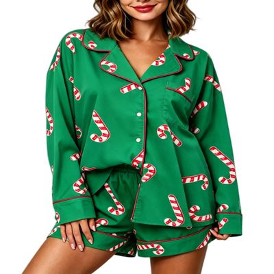 NUFIWI Women Christmas Pajamas Shorts Set Cute Santa Pjs Long Sleeve Shirt Lounge Pants 2Piece Colorful Pj Sets Holiday Sleepwear(Striped Green,S)
