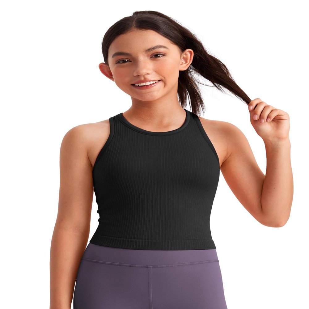 CRZ YOGA Girls Seamless Rib Longline Sports Bra Black X-Large