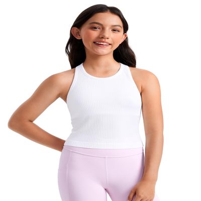 CRZ YOGA Girls Seamless Ribbed Longline Sports Bra - Yoga Athletic Casual Tops High Neck Racerback Padded Kids Teen White Small