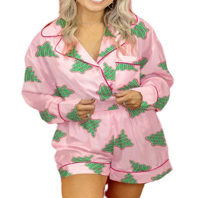 NUFIWI Women Christmas Pajamas Shorts Set Cute Santa Pjs Long Sleeve Shirt Lounge Pants 2Piece Colorful Pj Sets Holiday Sleepwear(Green Tree Pink,S)