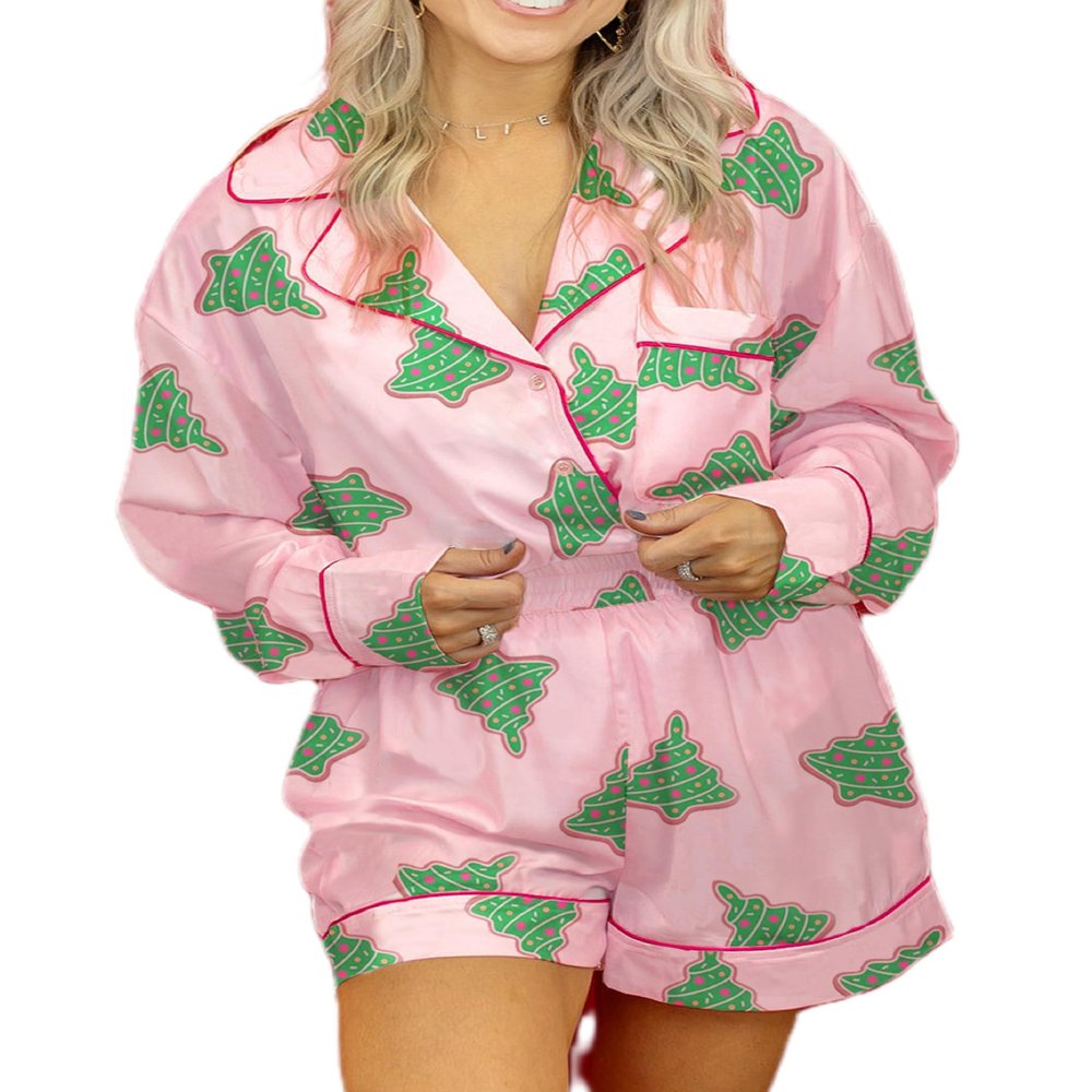 NUFIWI Women Christmas Pajamas Shorts Set Cute Santa Pjs Long Sleeve Shirt Lounge Pants 2Piece Colorful Pj Sets Holiday Sleepwear(Green Tree Pink,S)