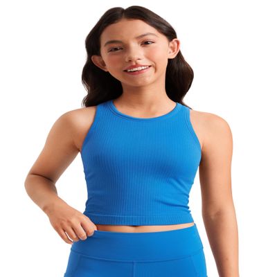 CRZ YOGA Girls Seamless Ribbed Longline Sports Bra - Yoga Athletic Casual Tops High Neck Racerback Padded Kids Teen Sparkle Blue Small