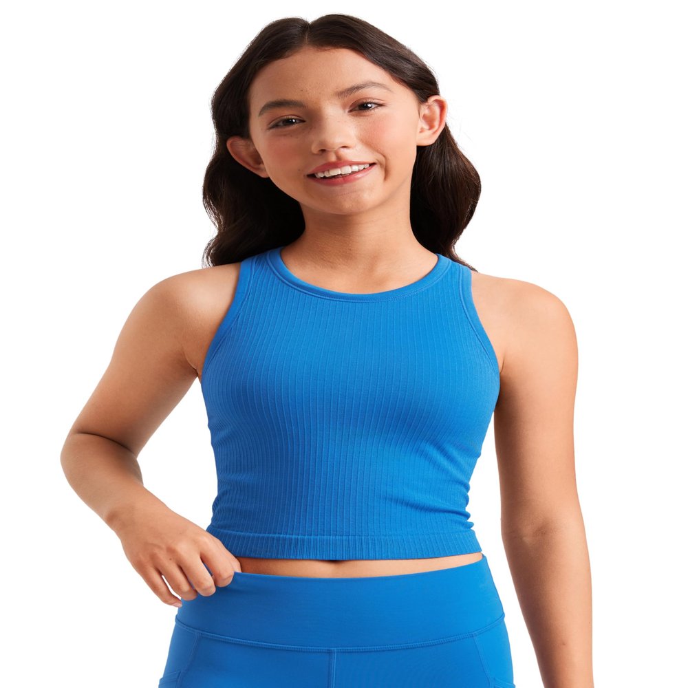 CRZ YOGA Girls Seamless Ribbed Longline Sports Bra - Yoga Athletic Casual Tops High Neck Racerback Padded Kids Teen Sparkle Blue Small