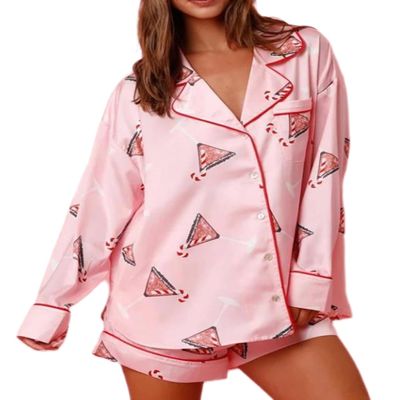 NUFIWI Women Christmas Pajamas Shorts Set Cute Santa Pjs Long Sleeve Shirt Lounge Pants 2Piece Colorful Pj Sets Holiday Sleepwear(Coral Red Pink,S)