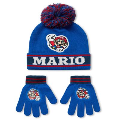 Super Mario Nintendo Boys Beanie Hat and Glove Set | Kids Blue and Red Knitted Bobble Hat