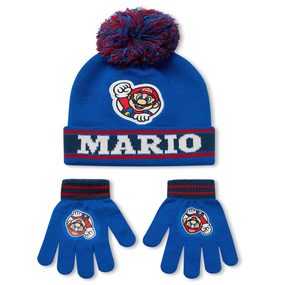 Super Mario Nintendo Boys Beanie Hat and Glove Set | Kids Blue and Red Knitted Bobble Hat