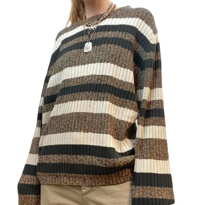 Women Vintage Striped Sweater Y2K Long Sleeve Crewneck Pullover Tops Grunge Oversized Knitwear (Gray, L)