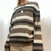 Women Vintage Striped Sweater Y2K Long Sleeve Crewneck Pullover Tops Grunge Oversized Knitwear (Gray, L) view 2