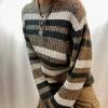 Women Vintage Striped Sweater Y2K Long Sleeve Crewneck Pullover Tops Grunge Oversized Knitwear (Gray, L) view 3