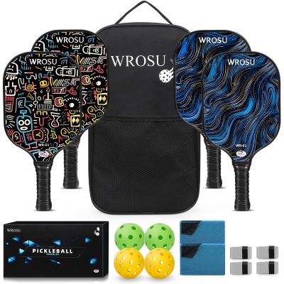 WROSU Pickleball Paddles Set of 4 Carbon Fiber | 2024 USAPA Approved Equipment W/Accessories | Core Carbon Fiber Pickleball Racquet | Have Traction and Stability | for Friends