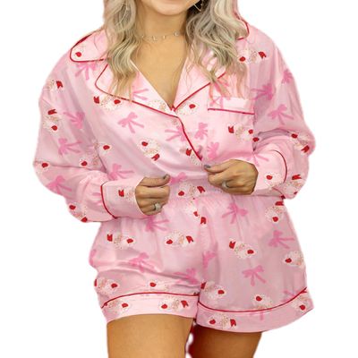 NUFIWI Women Christmas Pajamas Shorts Set Cute Santa Pjs Long Sleeve Shirt Lounge Pants 2Piece Colorful Pj Sets Holiday Sleepwear(Knot Santa Pink,S)
