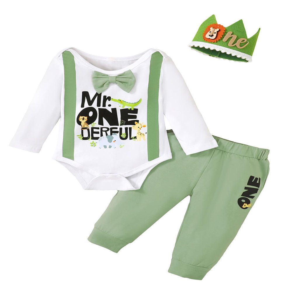 1st Birthday Outfit Boy Mr Onederful Outfit Baby Boy First Birthday Clothes (Dark Green-Long,18-24 Months)