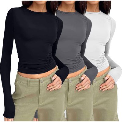 NaRHbrg Womens 3 Pack Long Sleeve Shirts Crew Neck Stretchy Fitted Tops Base Layer Soft Thermal Undershirts Tee Tops Black
