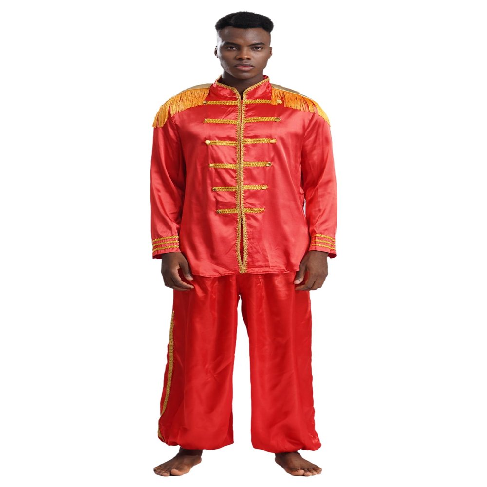 LiiYii Mens 2Pcs Halloween Costume SGT Sergeant Pepper Budget Jacket Hippy Medieval Jackets with Pants Red Large