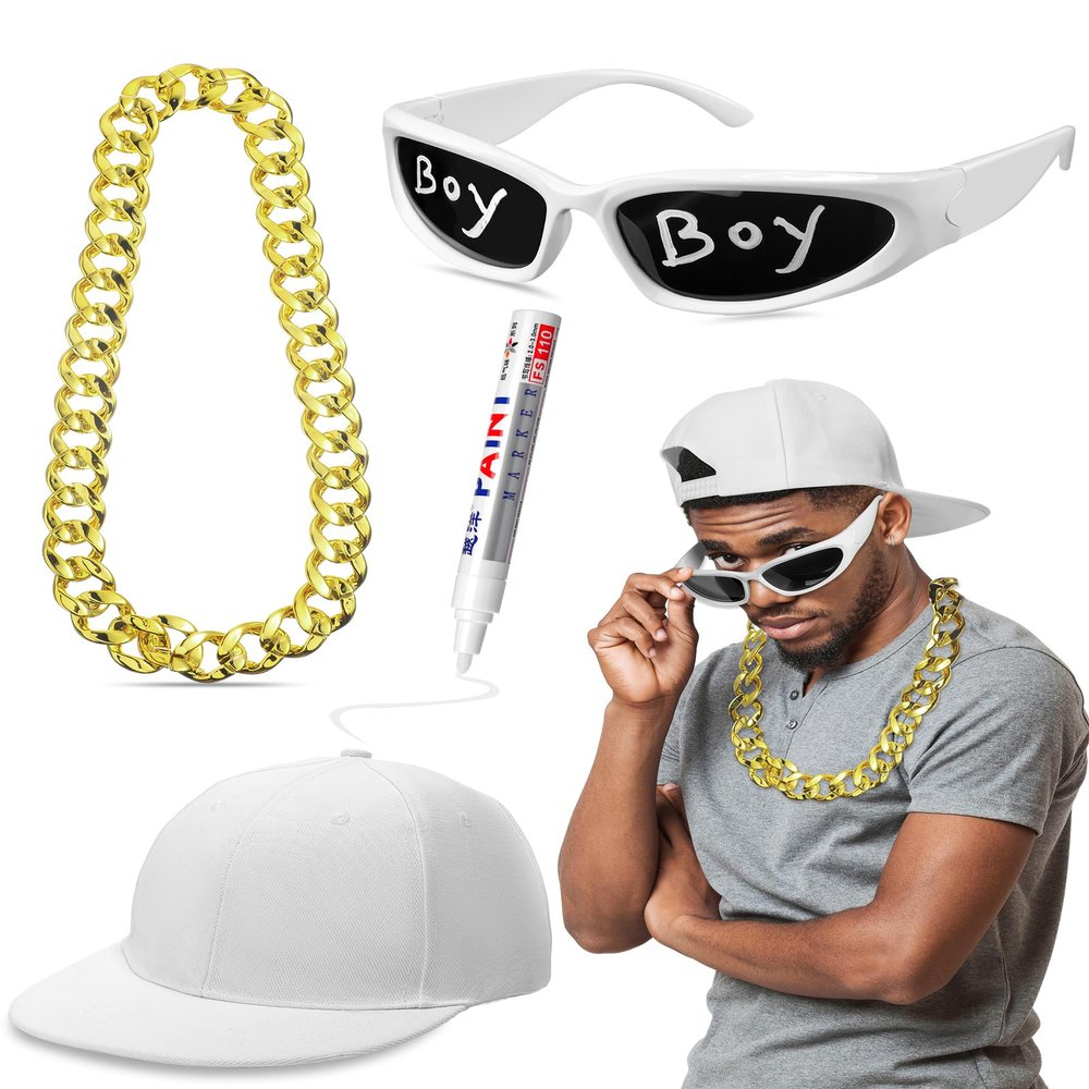 Maiteenly 4 Pcs Hip Hop Rapper Costume Kit 2000s Accessories 80s 90s Outfit for Adults Rapper Sunglasses(Chain)