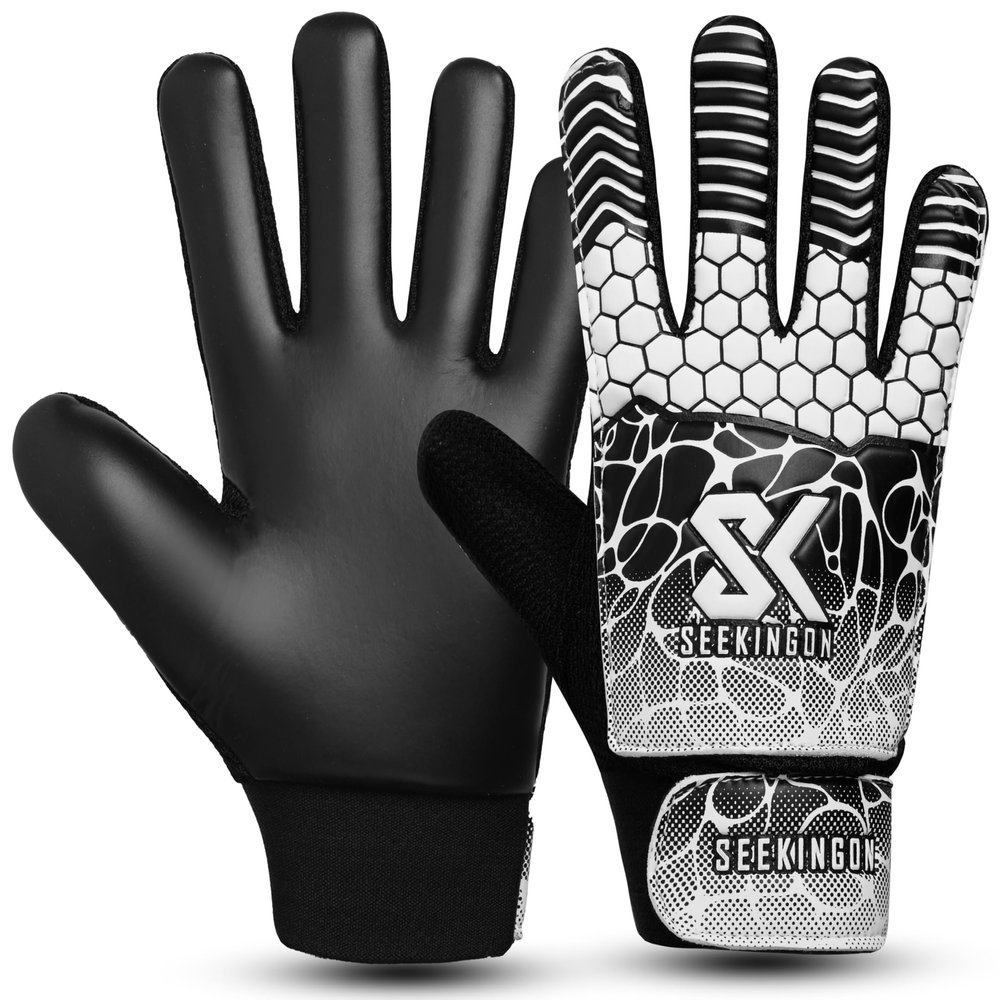 seekingon Soccer Goalie Gloves Youth, Football Goalkeeper Gloves for Kids Boys Youth Children Double Wrist Protection Along 4mm Super Grip Palm (White/Black, Size 4 Suitable for 6-9 Years)