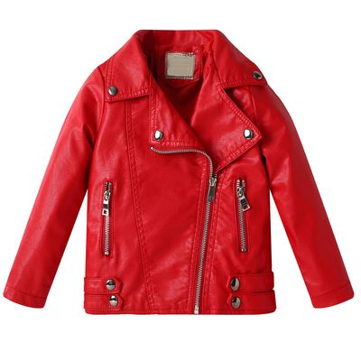 Echinodon Girls' Faux Leather Jacket Children Motorcycle Biker Jacket Zipper Leather Coats Red 120