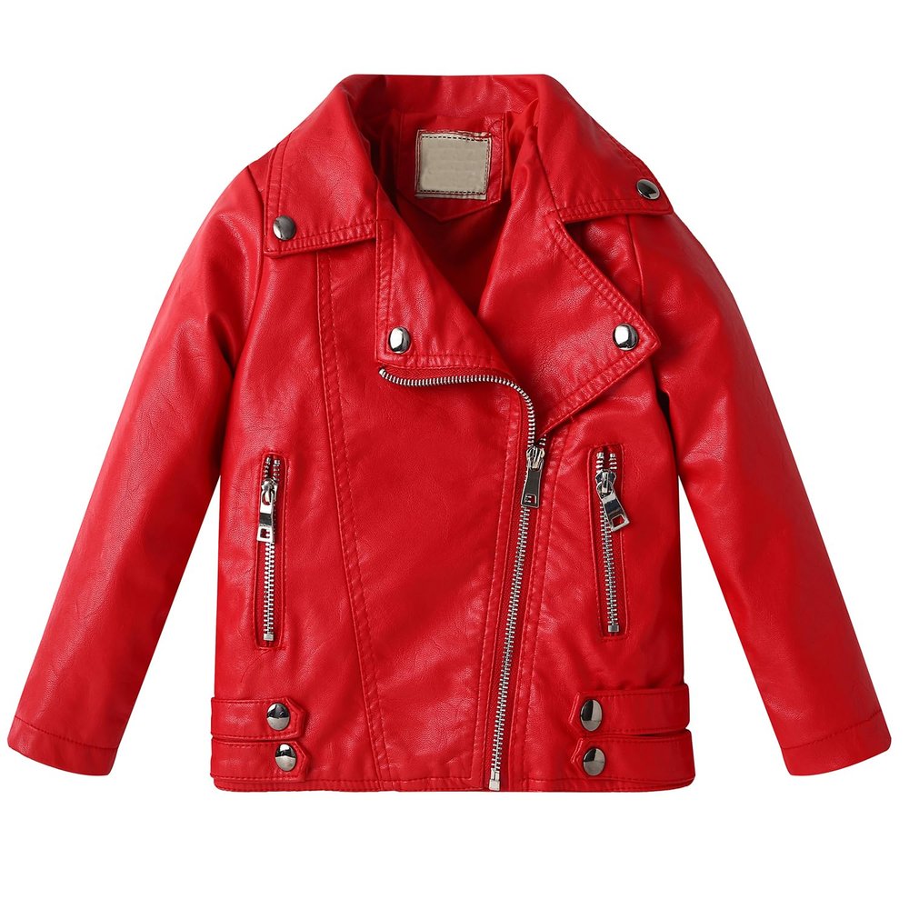 Echinodon Girls' Faux Leather Jacket Children Motorcycle Biker Jacket Zipper Leather Coats Red 120