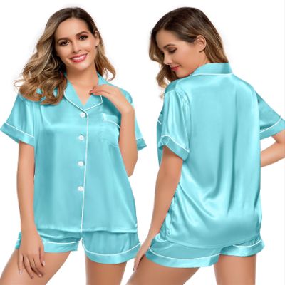 LecGee Womens Silk Satin Pajamas Short Sleeve Loungewear Two-Piece Sleepwear Button-Down Pj Set Lake Blue Large