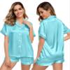 LecGee Womens Silk Satin Pajamas Short Sleeve Loungewear Two-Piece Sleepwear Button-Down Pj Set Lake Blue Large view 1
