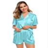LecGee Womens Silk Satin Pajamas Short Sleeve Loungewear Two-Piece Sleepwear Button-Down Pj Set Lake Blue Large view 3