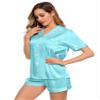 LecGee Womens Silk Satin Pajamas Short Sleeve Loungewear Two-Piece Sleepwear Button-Down Pj Set Lake Blue Large view 4