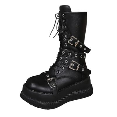 Womens Black Combat Boots Lace Up Platform Round Toe Punk Gothic Boots Mid Calf Boots for Women Chunky Ankle Booties