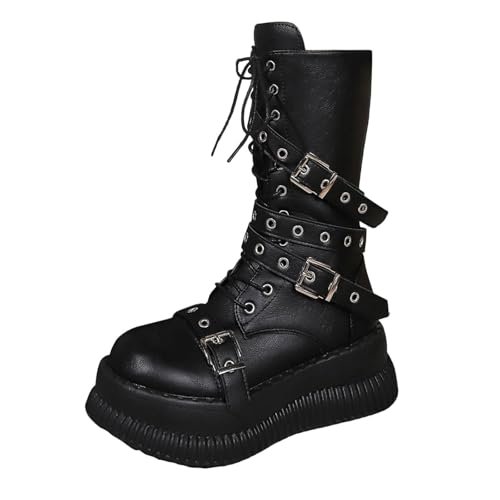 Womens Black Combat Boots Lace Up Platform Round Toe Punk Gothic Boots Mid Calf Boots for Women Chunky Ankle Booties