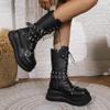 Womens Black Combat Boots Lace Up Platform Round Toe Punk Gothic Boots Mid Calf Boots for Women Chunky Ankle Booties view 2