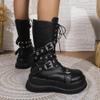 Womens Black Combat Boots Lace Up Platform Round Toe Punk Gothic Boots Mid Calf Boots for Women Chunky Ankle Booties view 3