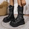 Womens Black Combat Boots Lace Up Platform Round Toe Punk Gothic Boots Mid Calf Boots for Women Chunky Ankle Booties view 4