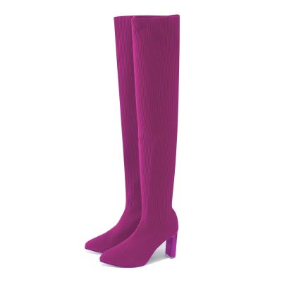 Women's Thigh High Boots Over the Knee Boots Stretchy Knitted Boots Knee High Stocking Boots Chunky High Heel Sock Boots