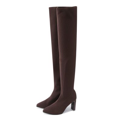Women's Thigh High Boots Over the Knee Boots Stretchy Knitted Boots Knee High Stocking Boots Chunky High Heel Sock Boots
