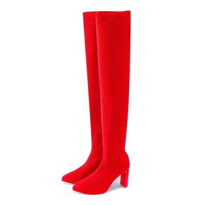 Women's Thigh High Boots Over the Knee Boots Stretchy Knitted Boots Knee High Stocking Boots Chunky High Heel Sock Boots