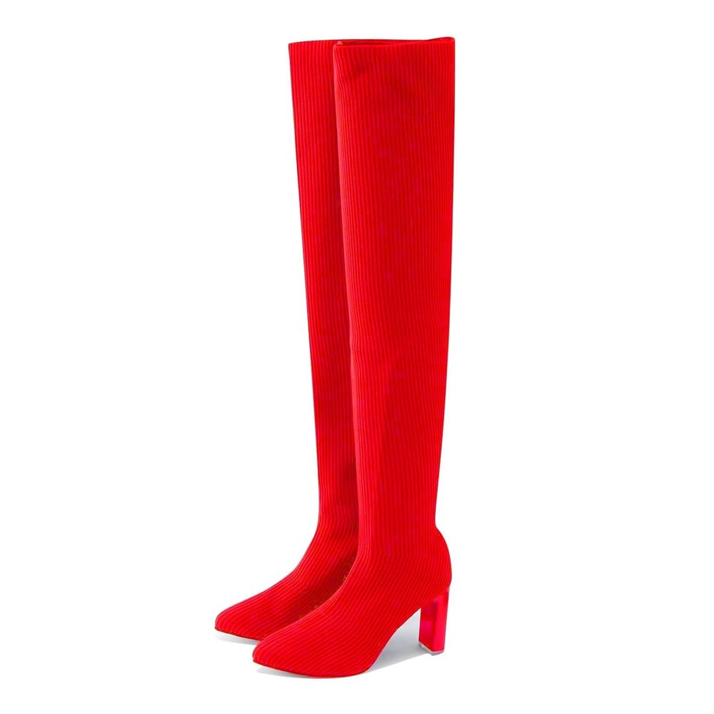 Women's Thigh High Boots Over the Knee Boots Stretchy Knitted Boots Knee High Stocking Boots Chunky High Heel Sock Boots