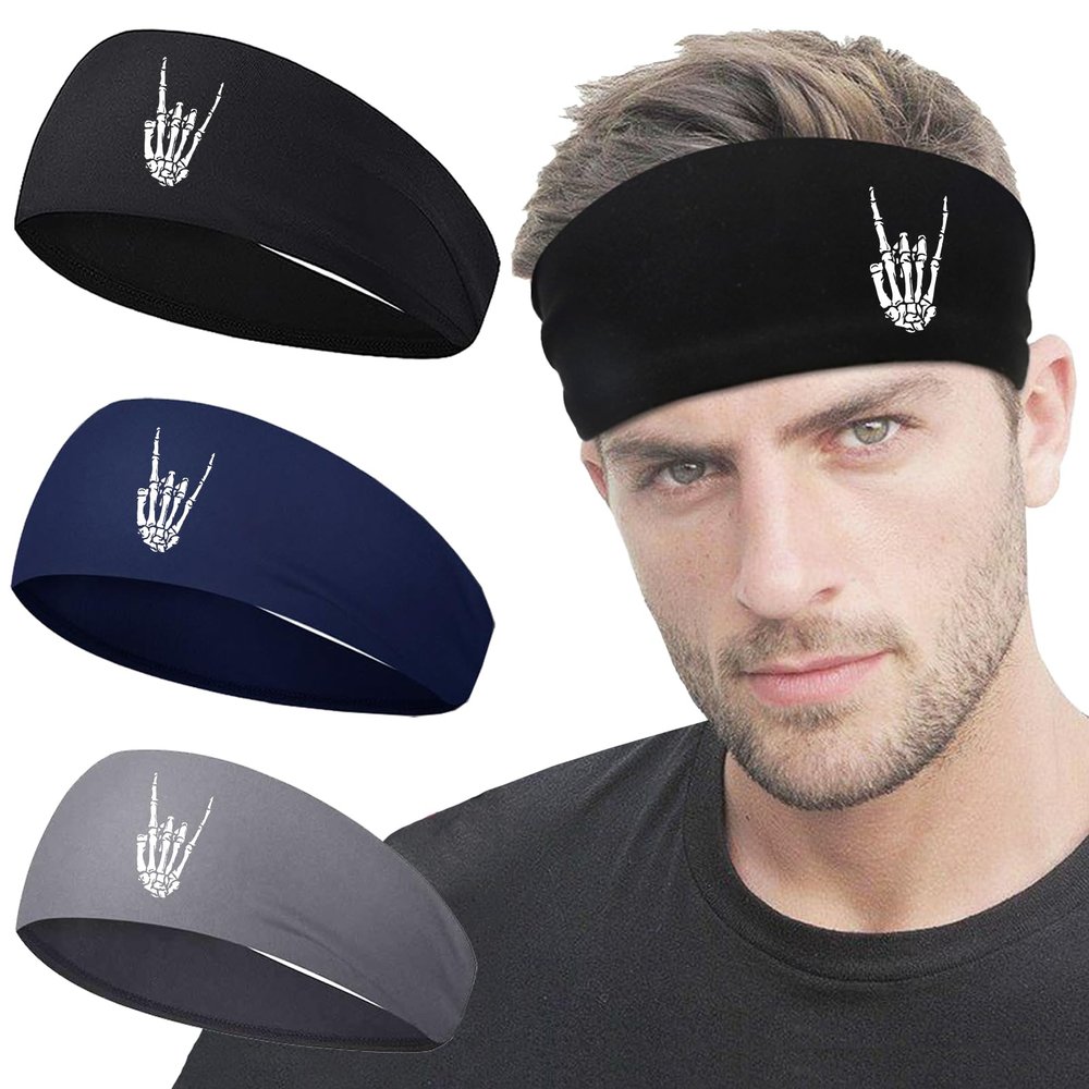 3pcs Sweat Bands Headbands Men Skull Finger Sports Headbands for Men Sweatbands for Mens Women Head Band Running Workout Headband for Mens Hairband for Sweat Moisture Wicking Yoga Gym Gifts