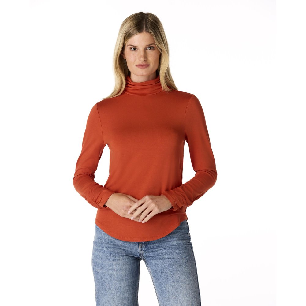 Cable & Gauge Women's Long Sleeve Ruched Turtleneck - Soft Layering Top, Stylish Collared Design, Warm & Versatile Winter Essential - Burntochre - XS