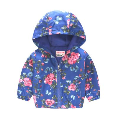 Toddler Boys Girls Floral Printed Coats Windproof Jacket Hooded Trench Lightweight Zipper Hooded (Blue-3, 2-3 Years)