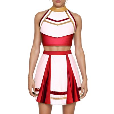 AFAVOM Cheerleader Costume for Women Metallic Cheer Uniform Musical Patchwork Color Block Halter Crop Top with Ruffle Mini Skirt School Fancy Dress Cheerleading Halloween Outfit Red S